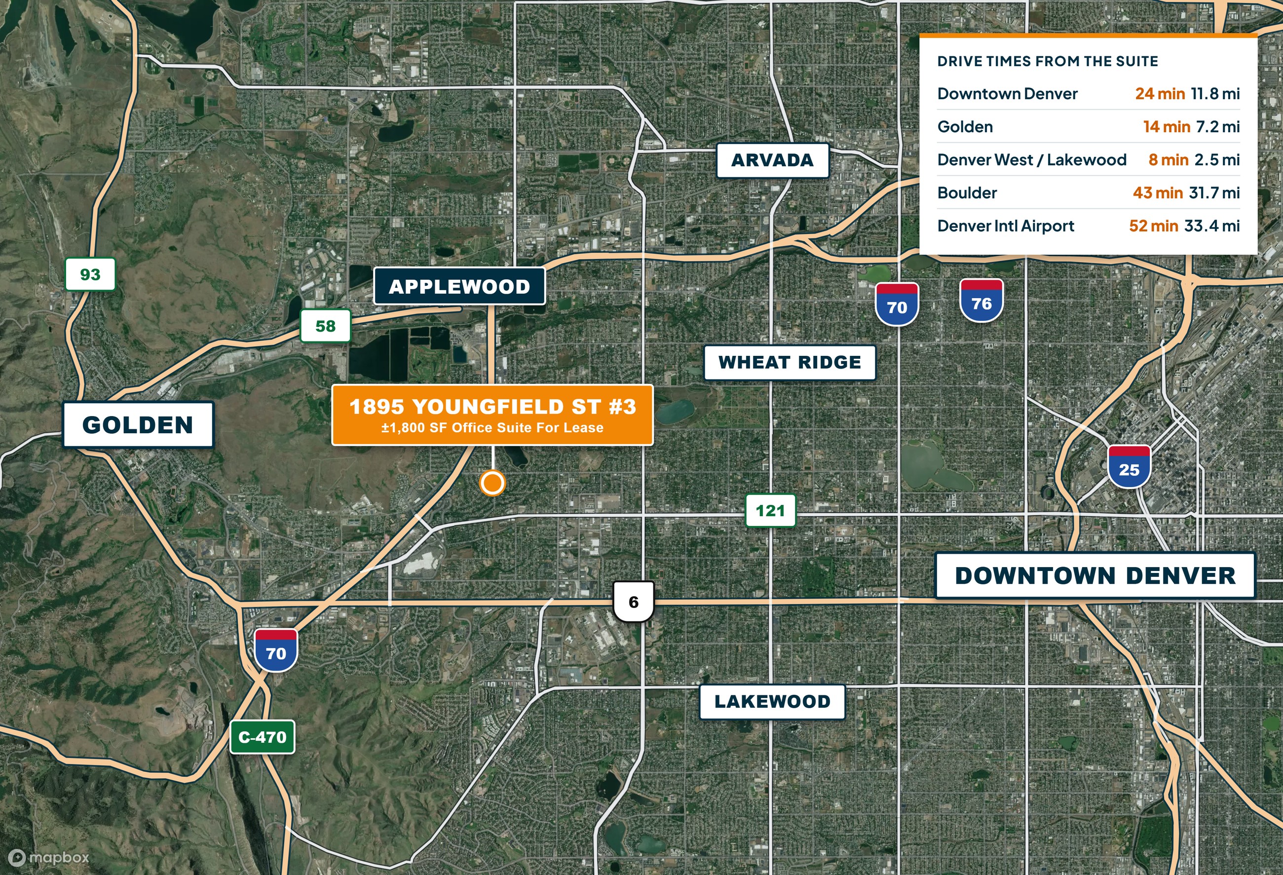 Location map of 1895 Youngfield St #3 showing Golden, Downtown Denver, I-70, US 6, C-470 and drive times